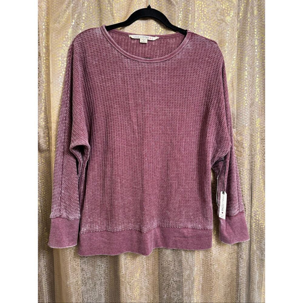 Vanillastar Textured Faded Dyed Burgundy Waffle Knit Long Sleeve Top NWT